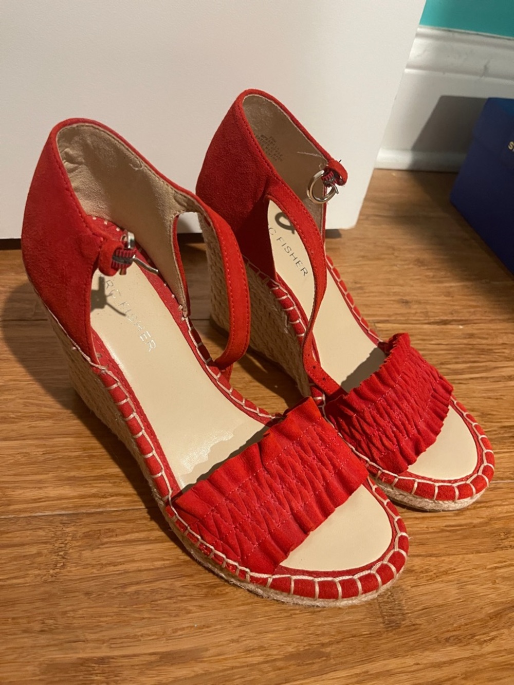 Marc Fisher Red Suede Espadrille Wedge Sandals with Ankle Strap